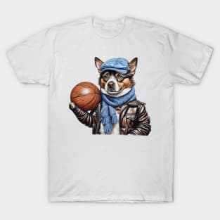 a dog wearing a leather jacket  and a hat holding a basketball ball T-Shirt